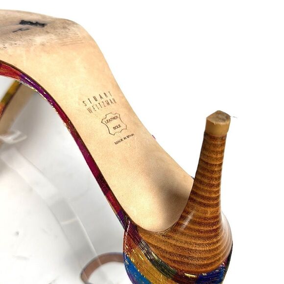 STUART WEITZMAN Metallic Rainbow Plaid Leather Ankle Strap Nunaked Sandals 9,5 - Picture 13 of 15